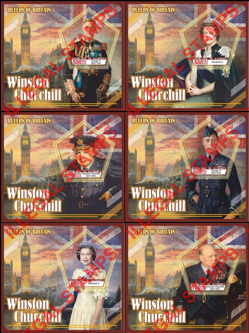 Djibouti 2018 Winston Churchill and Rulers of Britain Illegal Stamp Souvenir Sheets of 1 Djibouti 2018 Winston Churchill and Rulers of Britain Illegal Stamp Souvenir Sheets of 1